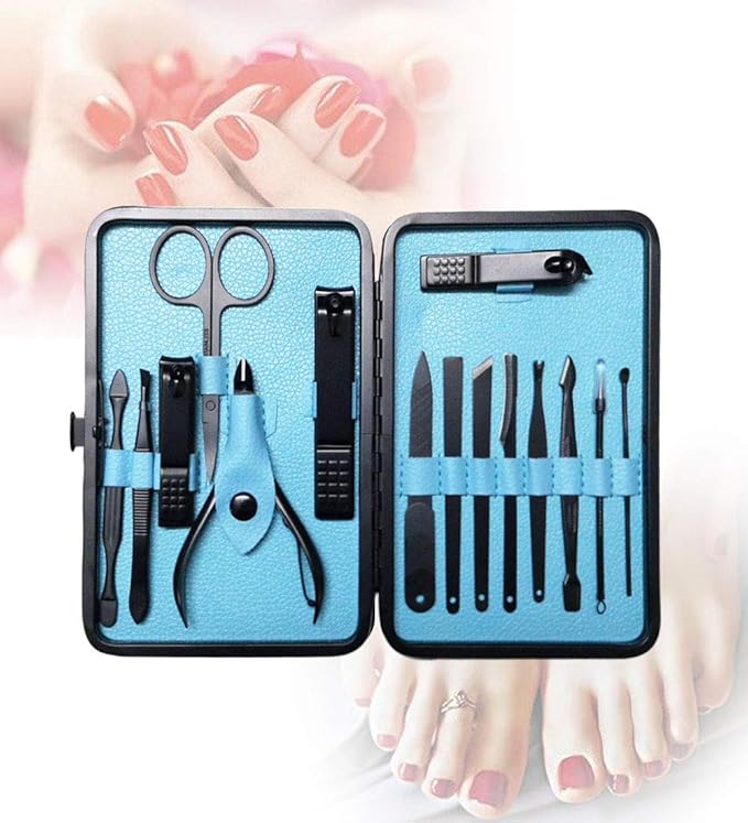 Nail Clippers Sets High Precisio Stainless Steel Nail Cutter Pedicure Kit Nail File Sharp Nail Scissors and Clipper Manicure Kit Fingernails & Toenails with Portable Stylish case (Blue 15-Piece)