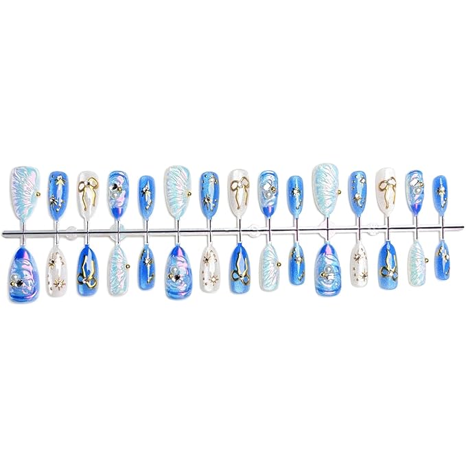 30Pcs Handmade Press on Nails Ocean Shell Holographic Fake Nails with 3D Gold Beads Starfish Bow Pearl Designs Medium Almond False Nails Glossy Full Cover Artificial Acrylic Nail for Women