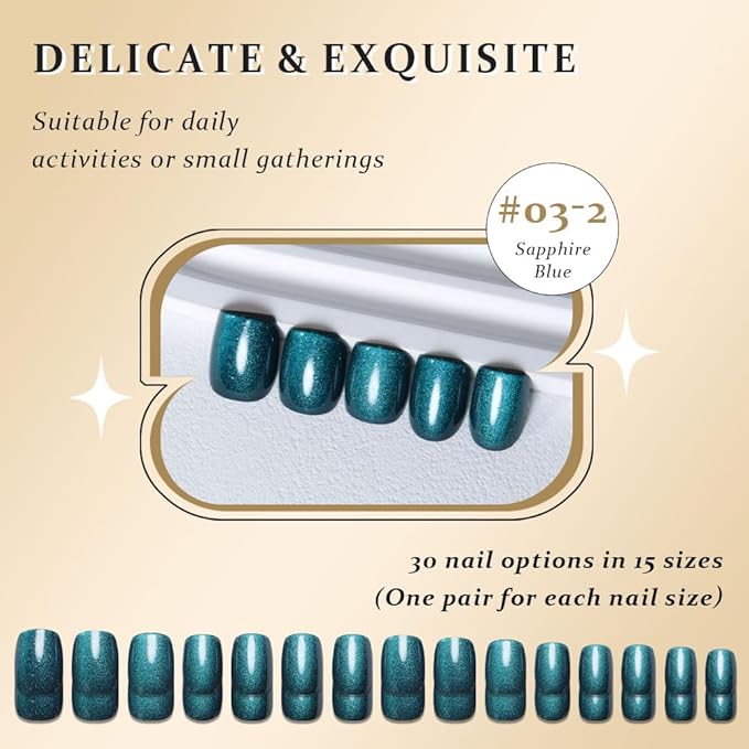 evpct Peacock Blue Cat Eye Press on Nails Short Square, Short Square Stick on Nail for Women Gift, Sapphire Blue Metallic Glitter Reusable Gel Press on Acrylic Fake Nail with Cat Eye Designs