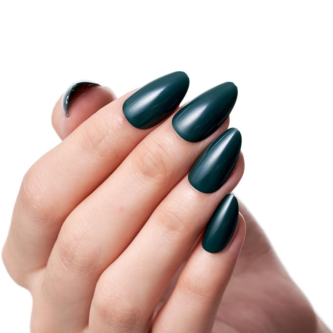 GLAMERMAID Dark Green Press On Nails Short Almond, Pure Deep Green Handmade Soft Jelly Gel Fake Nails, Glossy Round Oval Stick Glue on Nails Manicure Kit for Women, Reusable Acrylic False Nail Set