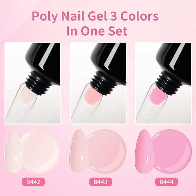 BQAN Poly Nail Gel Kit,3 Colors Poly Extension Gel With Dual Forms Builder Extension for Nail Tech DIY at Home Manicure Set (Pink&Nude)