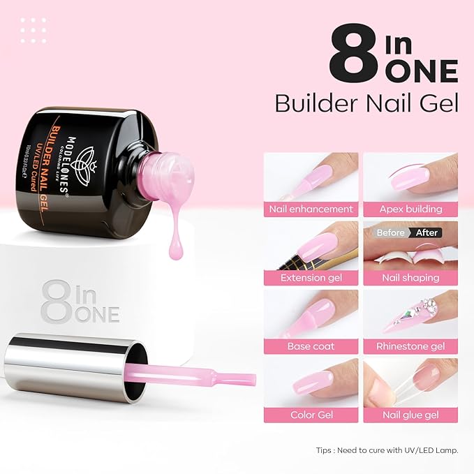 modelones Builder Nail Gel, 2 Pcs Clear and Baby Pink Builder Nail Polish, 8-in-One Rubber Base Gel Polish Pastel Pink Color Strengthener Apex Building Thickening Extension LED Lamp Cured 10ml