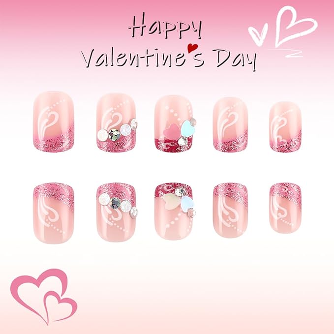 Valentines Nails Short Press on Nails French Tip Glitter Pink Fake Nails with Heart Rhinestone Designs Valentine's Day Glue on Nails Heart False Nails Petite Acrylic Stick on Nails for Women 24Pcs