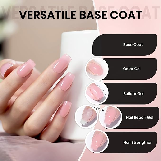 RARJSM Nude Sheer Cherry Blossom Pink Fiber Glass Rubber Base Gel Nail Polish for Repair Broken Nails StrengthenerGel Base Coat Transparent Brush on Building Gel in a Bottle Curing Requires 15ml