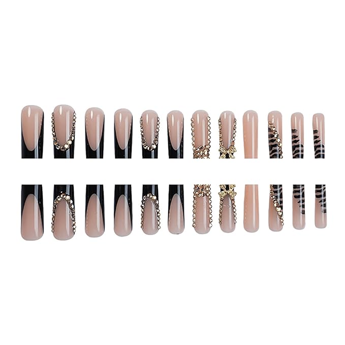 RTKHFZE Extra Long Press on Nails Square Fake Nails Black French Tip False Nails with Gold 3D Bow and Rhinestones Designs Square Nails Press ons Stick on Nail for Women 24Pcs