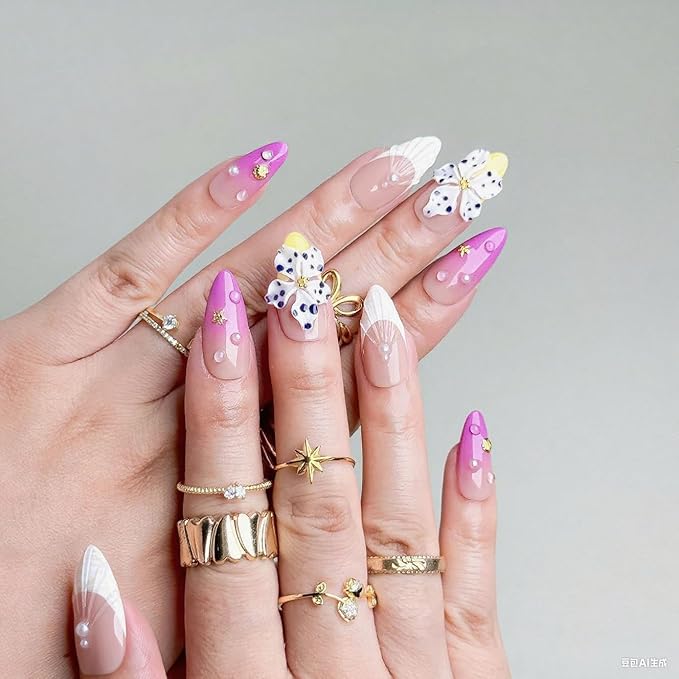 Handmade Press on Nails Purple Gradient Fake Nails French Tip Multi-Layer Gel Acrylic Nail with 3D White Flower & Pearl Designs Full Cover Medium Almond Stick on Nails for Women Nail Art（Size S)