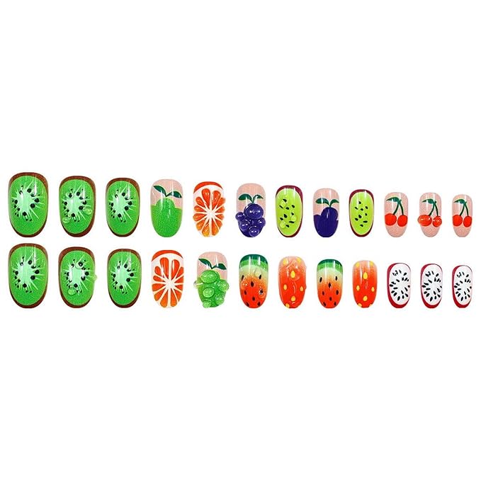 Short Oval Press on Nails MABKJLF 3D Fake Nails Cute False Nails with Strawberry Cherry Orange Designs Funny Glossy Glue on Nails Summer Stick on Nails for Women Girls 24Pcs