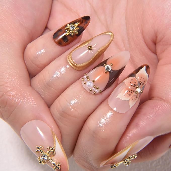 3D Press on Nails Medium Almond with Leopard & Flower Design, Sexy 3D French Tip Nail Press ons Glossy Stick on Nails for Women Reusable with Kit, Stick on Sexy Fake Nail with Designs Perfectly Fit