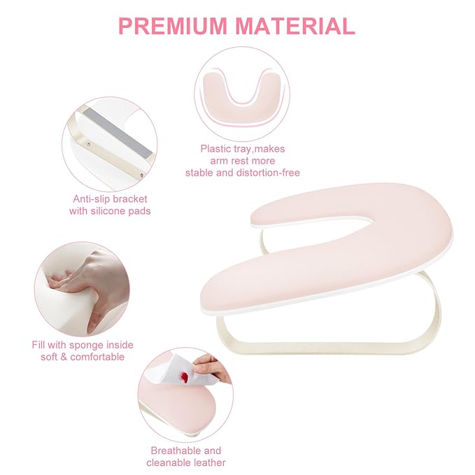 Manicure Arm Rest for Nails Tech, Cleanable Leather Nail Arm Rest Stand, U Shaped Hand Rest Pillow for Acrylic Nail Salon Home Use, Aluminum Alloy Bracket(Pink）