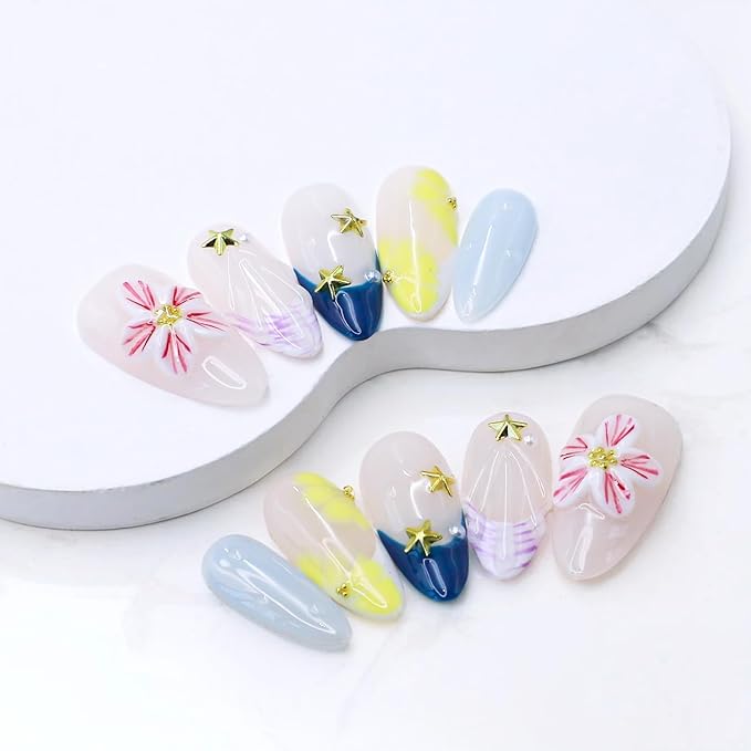 Handmade Press on Nails 3D Pink White Flower Fake Nails Salon Quality Medium Almond Acrylic Nail French Summer Starfish False Nails Designs Full Cover Stick on Nail for Women（Size M）