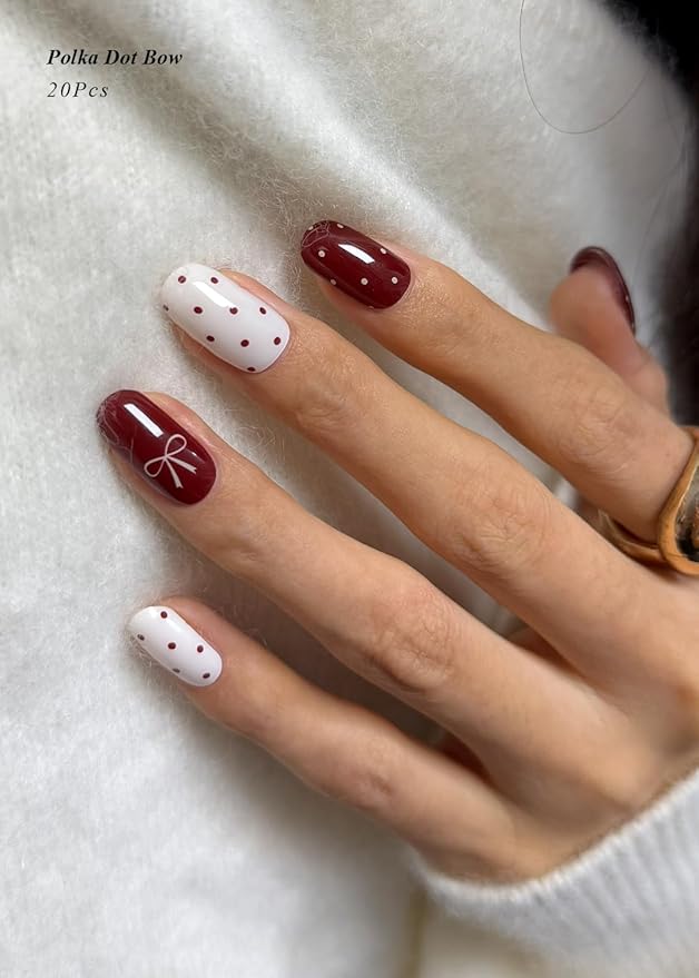 Semi Cured Gel Nail Strips (Polka Dot Bow), Valentine's Day, 20 Pcs Gel Nail Wraps, Stickers, Works with Any UV Lamps