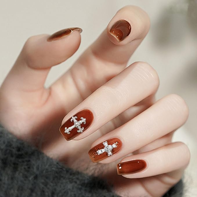 3D Cross Nail Charms for Nail Art, 60 Pcs Metal Crystal Cross Nail Decorations, Alloy Nail Studs and Rhinestones for Women Girl DIY Jewelry Crafts Supplies (Silber B)