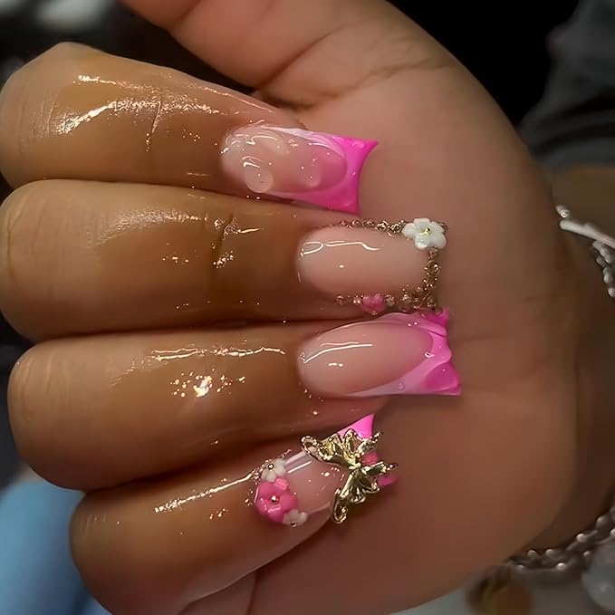 Pink Nail Press ons Ombre French Tip Fake Nails Flower False Nails with Butterfly Design Glossy Duck Glue on Nails Reusable Artificial Acrylic Full Cover Stick on Nails for Women Manicure 24Pcs