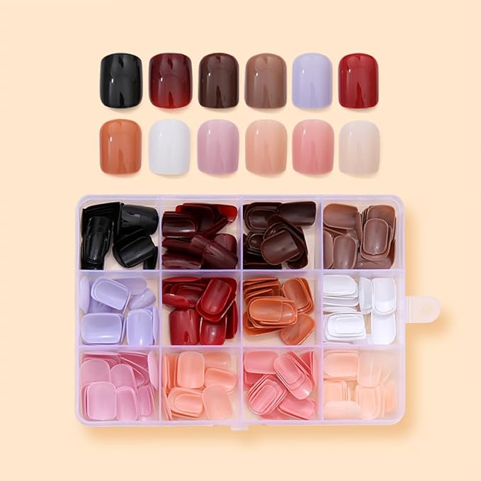 288 Pcs Press On Nails Short Square Fake Nails Press Ons Set Solid Color False Nails Full Cover Acrylic Glue on Nails Reusable Glossy Artificial Nail Kit for Women Girls Manicure 12 Color
