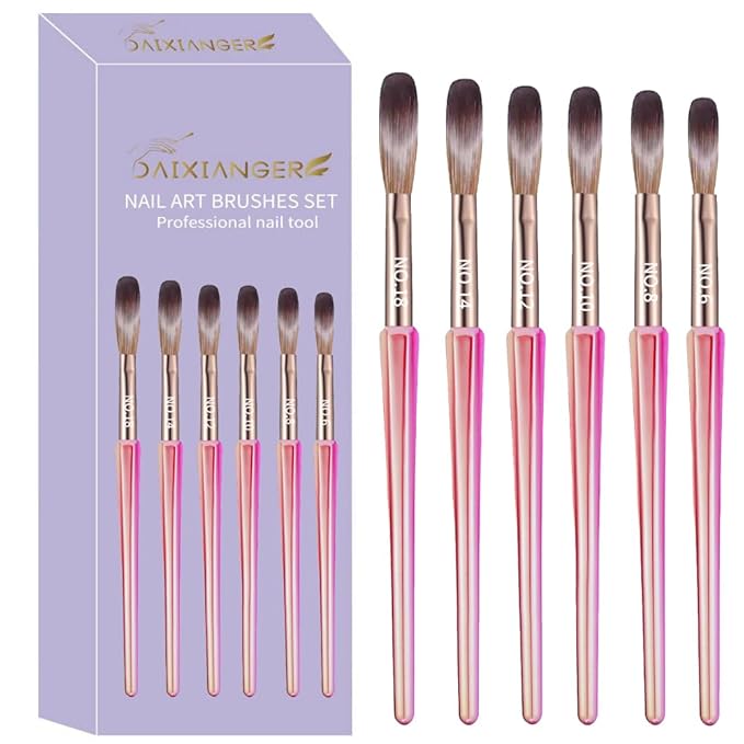 6Pcs Acrylic Nail Brush Set, Size 6/8/10/12/14/18 - Professional Nail Brushes for Acrylic Application Powder & Nail Extension, 3D Nail Carving Tools for DIY Home Salon Manicure-Pink
