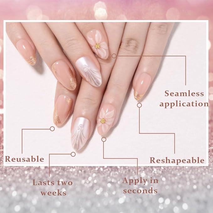 3D Press on Nails Short Almond with Flower Design, Pearl White Shell Press ons Glossy Stick on Nails for Women with Kit, Reusable Soft Gel Stick on Cute Fake Nail with Gold Line Designs Perfectly Fit