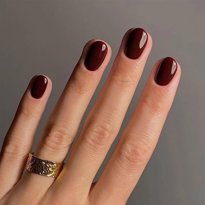 Dark Red Press on Nails Short Squoval Fake Nails Valentines Nails Press ons with Solid Color Design Full Cover Stick on Nails for Women Manicure,Reusable | Glue Tabs | Easy Apply | 24Pcs