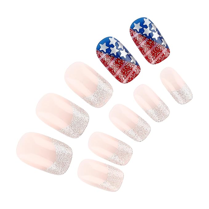 4th of July Press on Nails Medium Square Glitter French Tip Fake Nails America Flag False Nails with Star Designs Glossy Glue on Nails Nude Acrylic Nails Artificial Nails for Women Girls 24Pcs