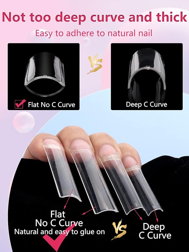 LIONVISON 504PCS No C Curve Clear Nail Tips for Acrylic Nails Professional, 3XL Extra Long Flat Tapered Square Nail Tips, 12 Sizes Half Cover Straight French Fake Nail Tips for Nail Salons Home