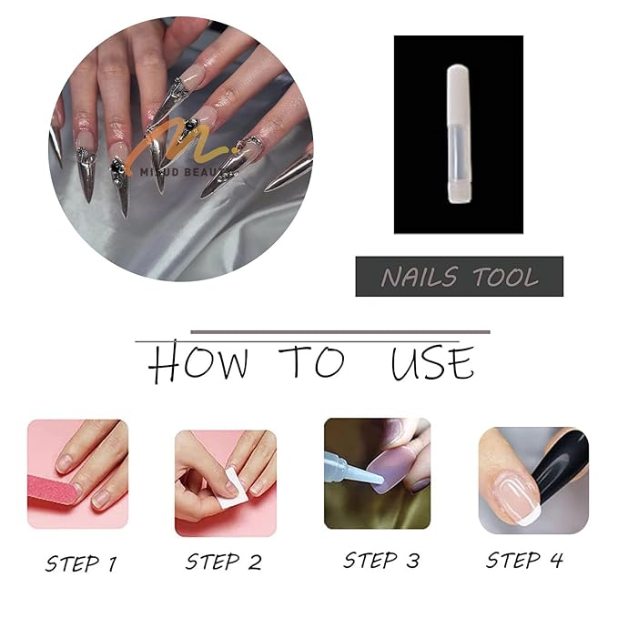 MISUD Press on Nails - Long Stiletto Fake Nails with Silver Chrome, Acrylic Goth Y2K Charms Design 24 pcs