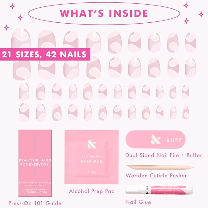 Olive & June Instant Mani Press-On Nails (Glue) | 42 Fake Nails, 21 Sizes | Non-Toxic, Long-Lasting Recycled Materials Realistic Look | Spring Flowers & Patterns | Short, Round | Groovy Swirl