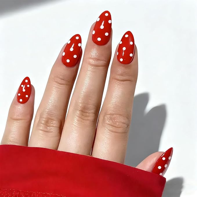 Red Press on Nails Polka Dot Fake Nails Christmas Short Almond False Nails Press ons Reusable Glue on Nails Acrylic Artificial Cute Stick on Nail for Women Nail Manicure 24Pcs