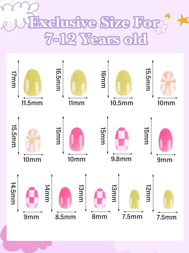 EBANKU 78Pcs Press on Nails kids, 3 Pack Children Acrylic Fake Nails Cute Full Cover Flower Short Stick On False Nail Kits Set for Little Girls with Nail Glue