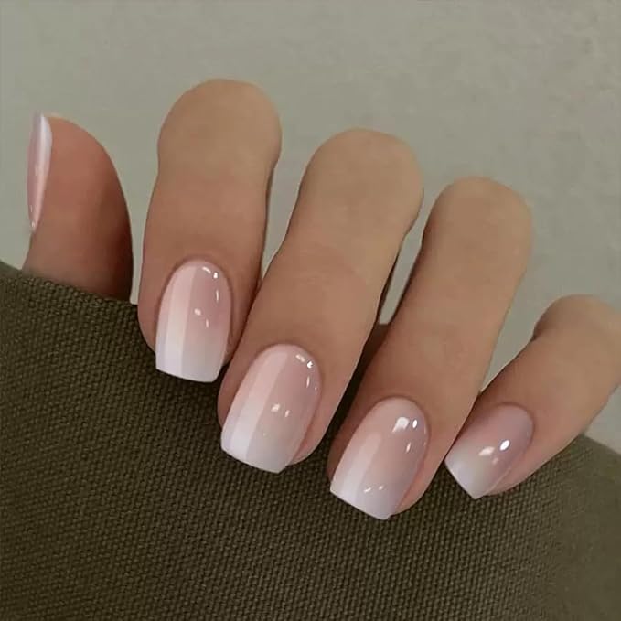 6 Packs (144 Pcs) Press on Nails Short Square Fake Nails Nude False Nails with Designs Ombre White French Tip Pink Brown Glue on Nails Full Cover Glossy Acrylic Stick on Nail for Women Manicure