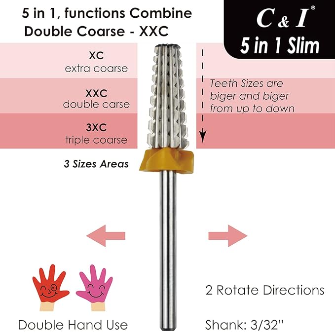 C & I 5 in 1 Nail Drill Bit, Slim Edition, Professional Manicure Drills for Electric Nail Drill Machine (Double Coarse -XXC)