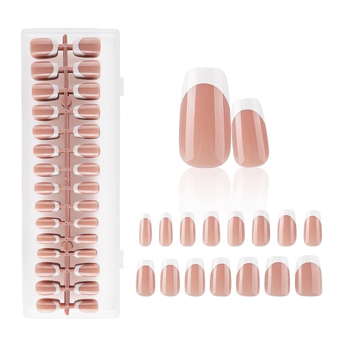 Lamemoria Pre-Design Medium Short Square French Tip Press On Nails, Brown Base White French Nail Tips, Salon Nail Art Kit, 240 PCS