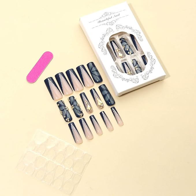 Long Press on Nails Square Dark Blue Press on Nails Long Nails Press Ons with Butterfly and Rhinestone Design Acrylic False Nails for Women and Girls 24pcs (Dark Blue)