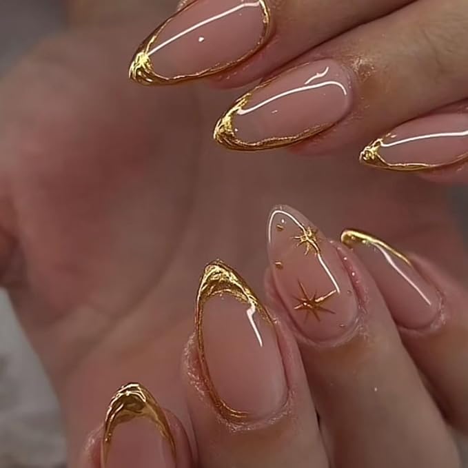 evpct Gold French Tip Press on Nails Almond Medium, Nude Pink + Gold Line Tips, Stick on Nails Medium Almond for Women, Full Cover Perfectly Fit Handmade Soft Gel Artificial Fake False Nail Kit