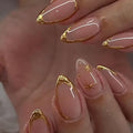 evpct Gold French Tip Press on Nails Almond Medium, Nude Pink + Gold Line Tips, Stick on Nails Medium Almond for Women, Full Cover Perfectly Fit Handmade Soft Gel Artificial Fake False Nail Kit