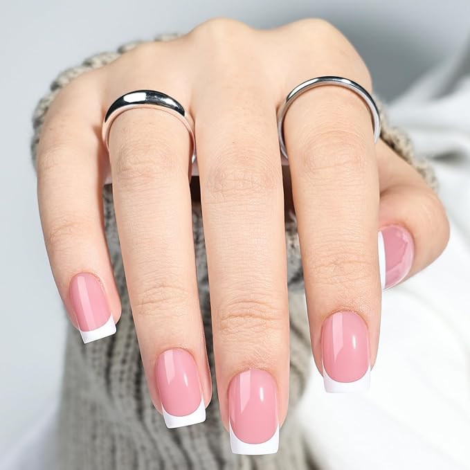 French Tip Press On Nails - Short Square Blush Pink Press on Nails Glossy Nails Press Ons for Women DIY Fake Nails Kit, Reusable Glue on Nails Short in 16 Sizes - 32pcs, Blush Tip