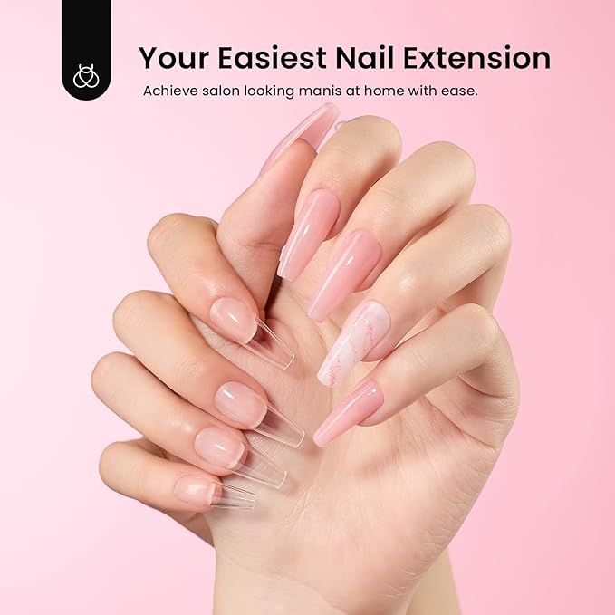 Beetles Gel Nail Kit Long Coffin, with Dehydrator and Primer, 576Pcs Half Matte Etch-X Gel Nail Tips Solid Nail Glue Mini Lamp Acrylic Tips Easy DIY Extension Set Gift for Women