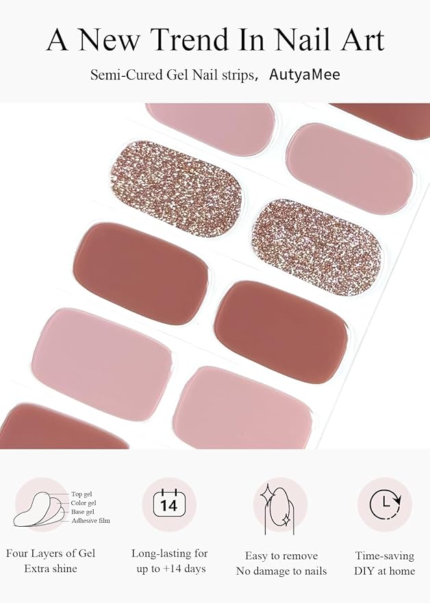 Semi Cured Gel Nail Strips (Brown Omber), 20 Pcs Gel Nail Wraps, Stickers, Long Lasting, Works With Any UV Lamps