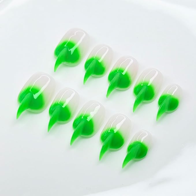 10 Pcs Cat Claw Press on Nails Medium Curved Stiletto False Nails Luxury 3D Green French Tip Cat Claw Handmade Fake Nails Unique Thick Gradient Designs Glossy Acrylic Glue on Nail (S)