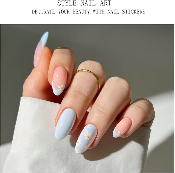JMEOWIO Gel Nail Stickers Blue White Flower French Tip Semi Cured Gel Nail Strips Wraps UV/LED Nails Art Design Decoration Accessories