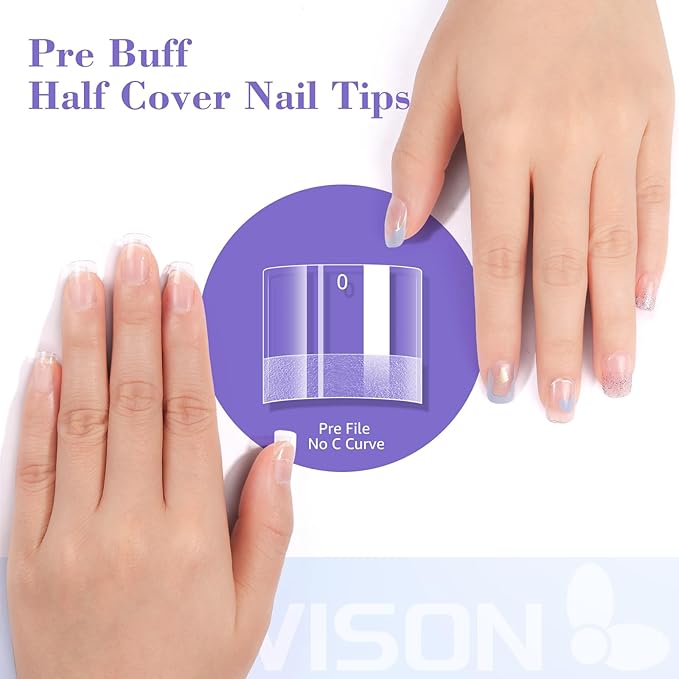 LIONVISON Short Square Nail Tips, 240pcs Half Matte Nail Tips for Acrylic Nails Professional, Half Cover No C Curve Nails Tips Nail Extension for Home DIY and Nail Salons 12 Sizes