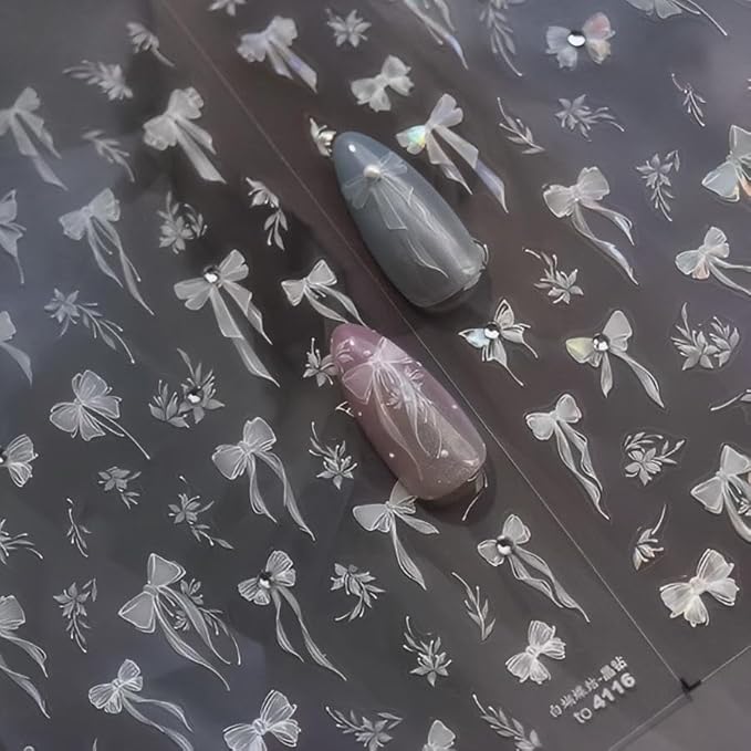 4 Sheets White Nail Art Stickers Decals Bow-tie Butterfly Nail Stickers 3D Self Adhesive with Pearls Nail Decals Supplies Nail Art Design Decoration Accessories for Women and Girls