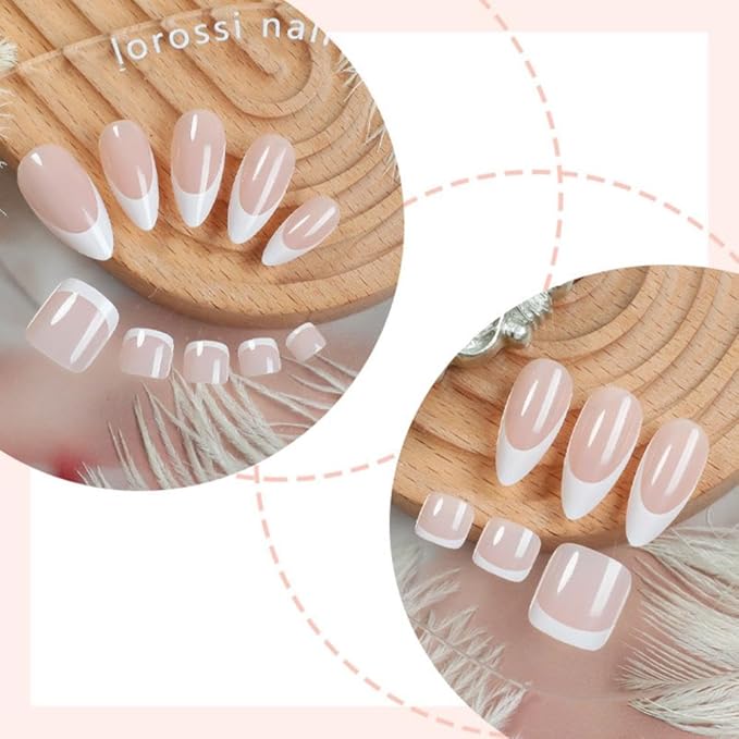 48Pcs White French Tips Press on Toenails Light Pink Press on Nails Medium Almond False Nails with Designs Nude Pink Fake Toenails Glossy Reusable Summer Fake Toenails for Women Girls DIY Manicure