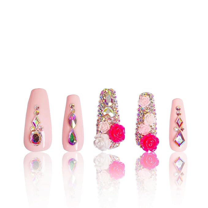 LOVFUL Press on Nails Rose Garden | Handmade with Full Covered Crystals | Reusable Full Cover Nails | Coffin Classic Regular 1.3 in | H107-S