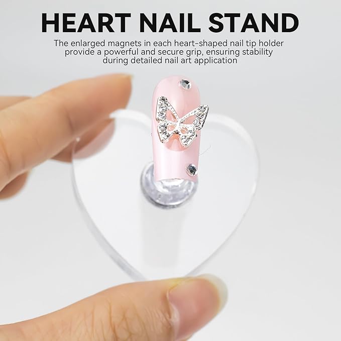 Nail Stands for Press On Nails Painting Display Practice, Powerful Magnetic Nail Tip Holders for Diy Design, Heart Nail Art Stand with 200 PCS Double-Sided Tapes Home Salon Use (Silver)