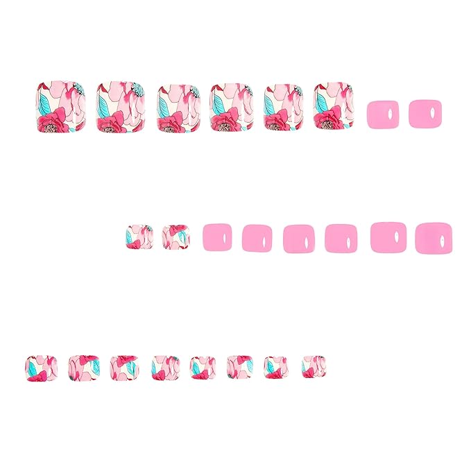 24Pcs Pink Roses Press on Toenails Flower Fake Toe Nails Short Square Shaped Glossy Summer Floral Full Cover Acrylic Artificial Stick on Toenails for Women Girls Manicure Decoration