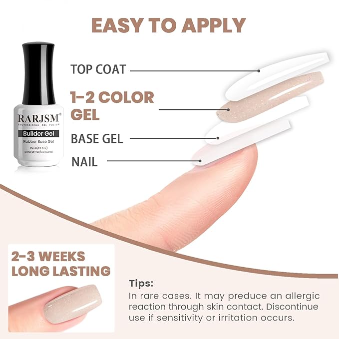 RARJSM Nude Ivory Pink Rubber Base Gel Nail Polish Rainbow Glitter Sheer Pink Rubber Base for Nails Iridescent Brush on Quick Extend Builder Hard Gel Soak Off Curing Requires 15ml French Manicure