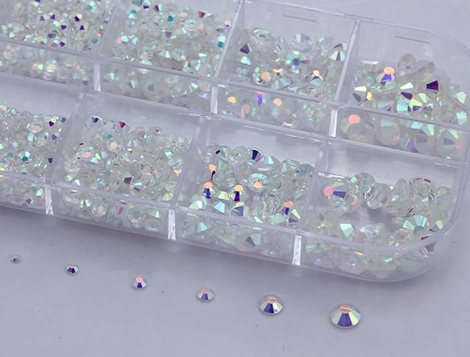 Over 2100 Pieces Transparent AB Flat Back Glass Rhinestones Crystals for Nail Art Kit 6 Sizes (1.4mm - 4.8mm)