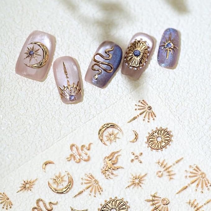 Gold Nail Stickers 5D Embossed Star Moon Nail Supplies 3D Self-Adhesive Totem Nail Decals Sun Flame Nails Designs Snake Nails Decoration Accessories for Women Girls DIY Manicure 1 Sheet