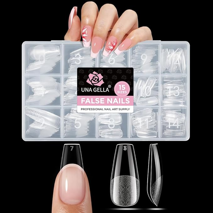 UNA GELLA Coffin Gel Nail Tips Medium 15 Sizes 300PCS Pre-Etched Clear Fake Nail Tips Easy DIY Salon Medium Coffin Press On Nails Snug Fit Full False Acrylic Tips Extensions Long-Lasting Hold