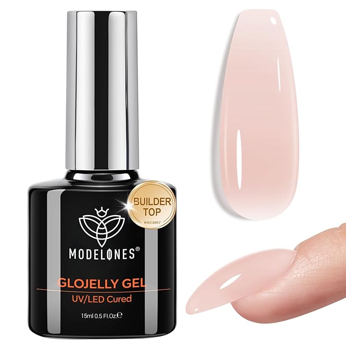 modelones Nude Builder Nail Gel Top Coat, 15 ML No Wipe Ultra Gloss Jelly Gel Polish Apex Building Nails Strengthener Extension Neutral Color Nail Art Long Lasting Soak Off U V Manicure Gift for Women
