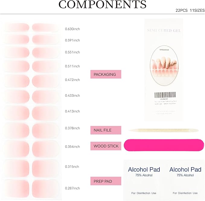 Semi Cured Gel Nail Strips Skin Pink Ombre Gel Nail Stickers with UV/LED Required Long Lasting Gel Nail Stickers Includes 22 Strips 2 Prep Pads, Nail File & Wooden Stick